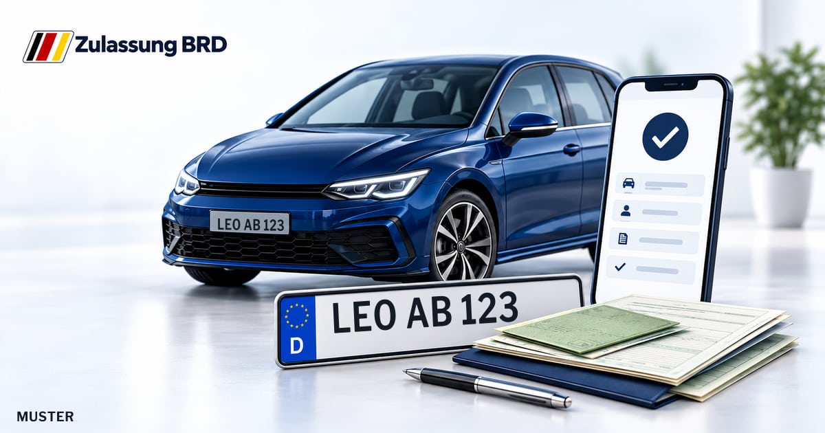Online Fahrzeugzulassung in Leonberg: Musterkennzeichen LEO AB 123, Auto und Fahrzeugpapiere und Smartphone. Illustration mit Logo von Zulassung BRD.
